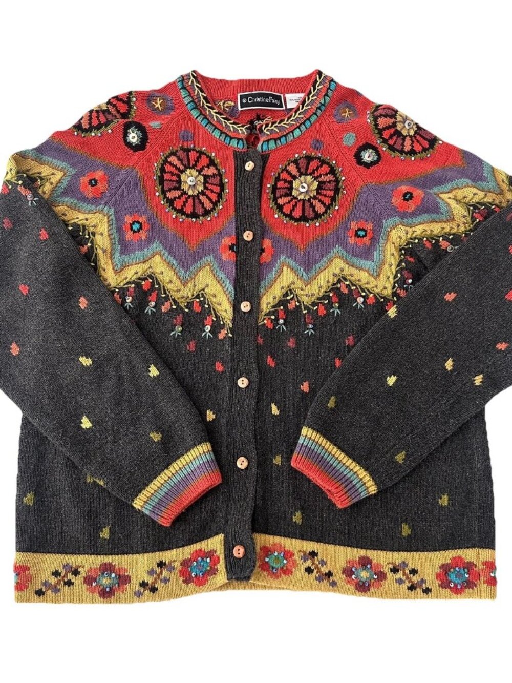 Christine Foley Beaded Floral Cardigan Womens M 2 90s Button Modal Cotton